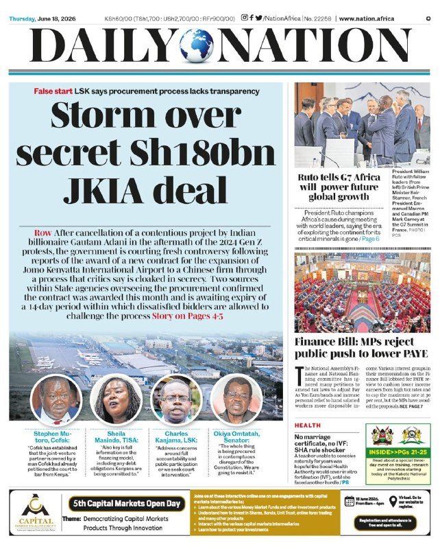 Front page of the Daily Nation newspaper dated Thursday, June 18, 2026, featuring headlines about an airport deal controversy, MPs rejecting a finance bill, and an African presidents' meeting.