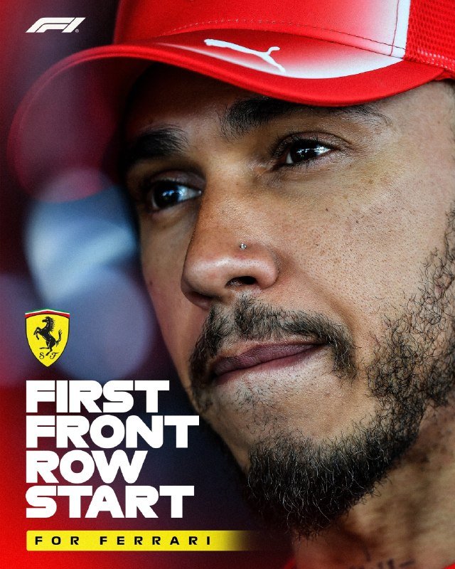 A split graphic showing a driver in a red Ferrari suit raising his cap in victory above text "SCHUMACHER FIRST WIN FOR FERRARI," paired with a tattooed driver in red holding a wooden trophy above text "HAMILTON FIRST WIN WITH FERRARI."