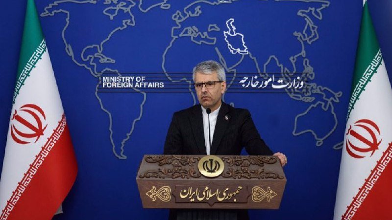 A bespectacled man in a dark suit stands at an ornate podium bearing the Iranian emblem, flanked by two Iranian flags before a blue world map backdrop labeled "Ministry of Foreign Affairs."