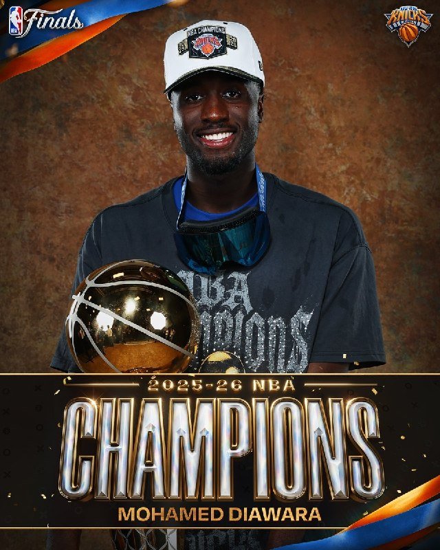 A graphic shows a smiling man in a "Champions" cap and shirt holding the NBA Finals trophy, with text reading "2025-26 NBA Champions — Mohamed Diawara."
