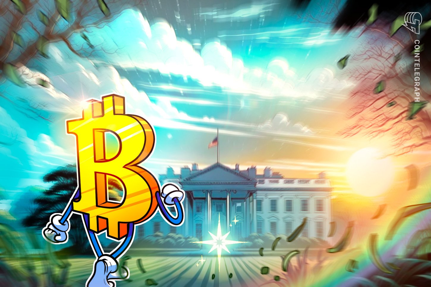 Cointelegraph illustration showing an anthropomorphized Bitcoin character walking past a white government building with an American flag, under a cloudy sky with falling leaves.