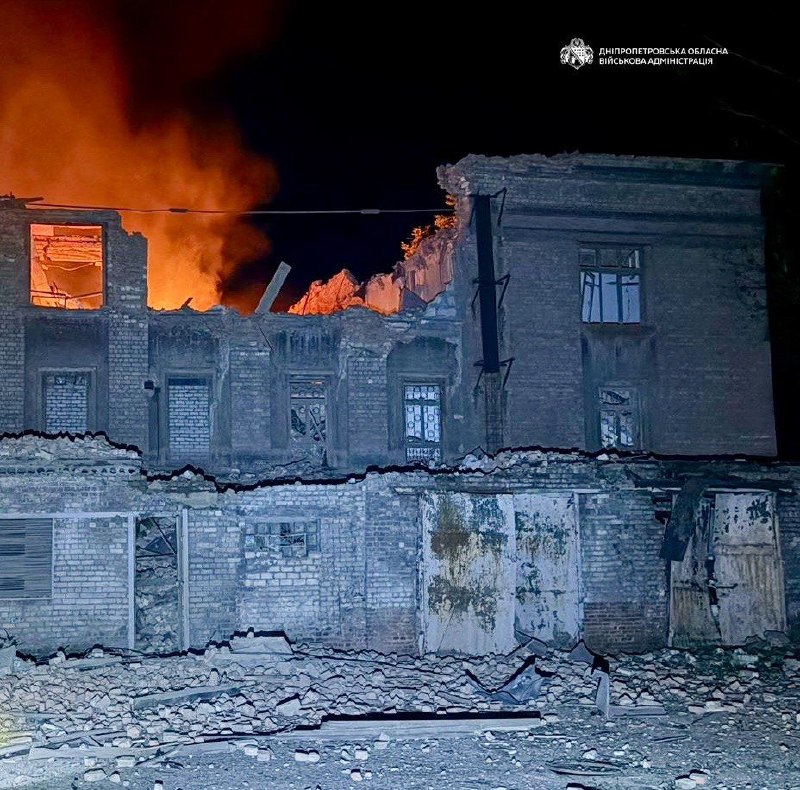 An overnight Russian attack on Dnipro damaged an industrial enterprise, set it ablaze, destroyed part of a college and blew out the windows of a nearby school, according to the regional military administration.
