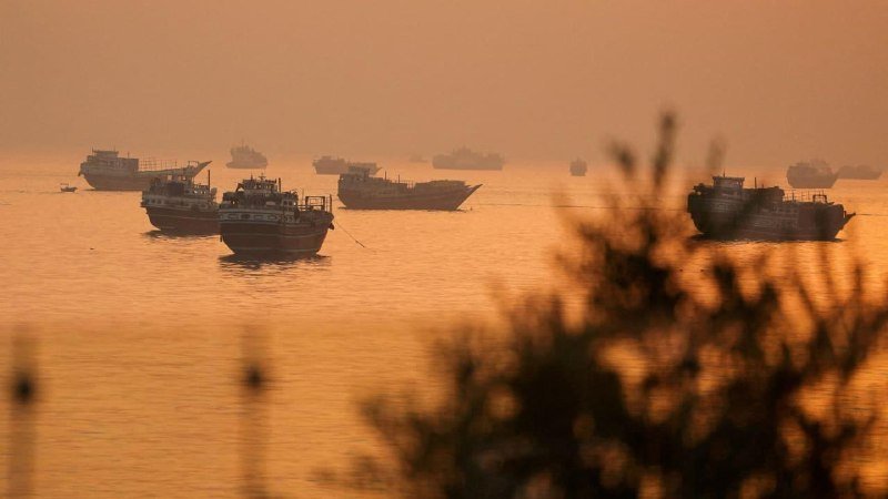 Multiple boats and ships sit anchored on calm, orange-hued waters at sunset or sunrise, with blurred foliage in the foreground.