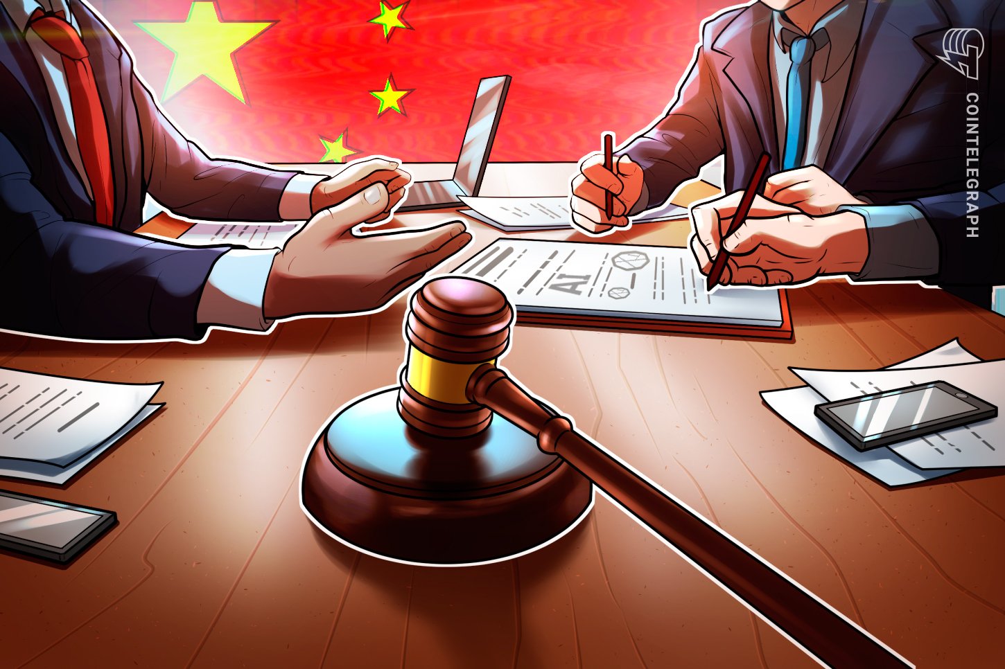 Illustration shows suited figures signing documents and reviewing a contract at a desk with a wooden gavel, set against a Chinese flag backdrop, with a "Cointelegraph" logo.
