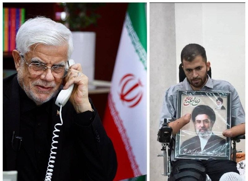 Left: an older man with glasses speaks on a white telephone beside an Iranian flag. Right: a seated bearded man in a wheelchair holds a framed portrait of a cleric.