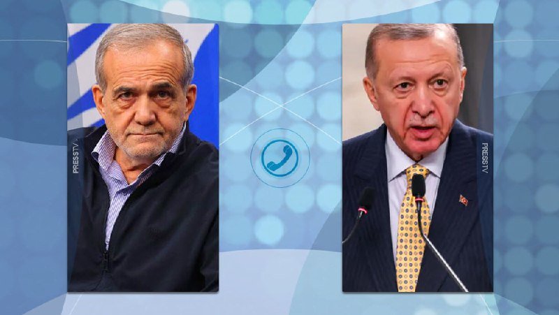 A split-screen graphic shows two men in separate photos with a phone icon between them against a blue bokeh background, with "PRESS TV" watermarks visible.