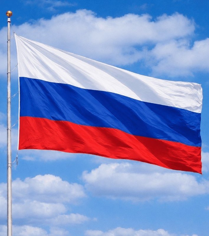 The flag of Russia, featuring horizontal white, blue, and red stripes, waves on a flagpole against a blue sky with scattered clouds.