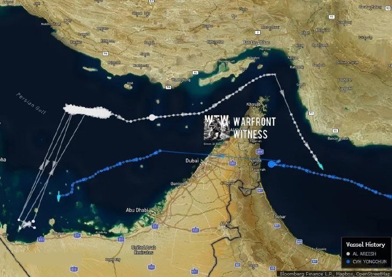 Satellite map of the Persian Gulf region showing overlaid blue and white route lines with the title "WW WARFRONT WITNESS" and a "Vessel History" legend crediting Bloomberg Finance L.P., Mapbox, and OpenStreetMap.