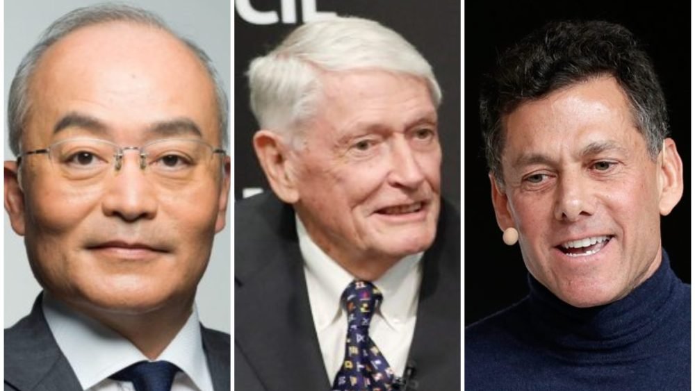 A side-by-side composite of three men: an East Asian man in glasses and a suit, an older white-haired man in a patterned tie, and a smiling man with a headset microphone wearing a dark turtleneck.