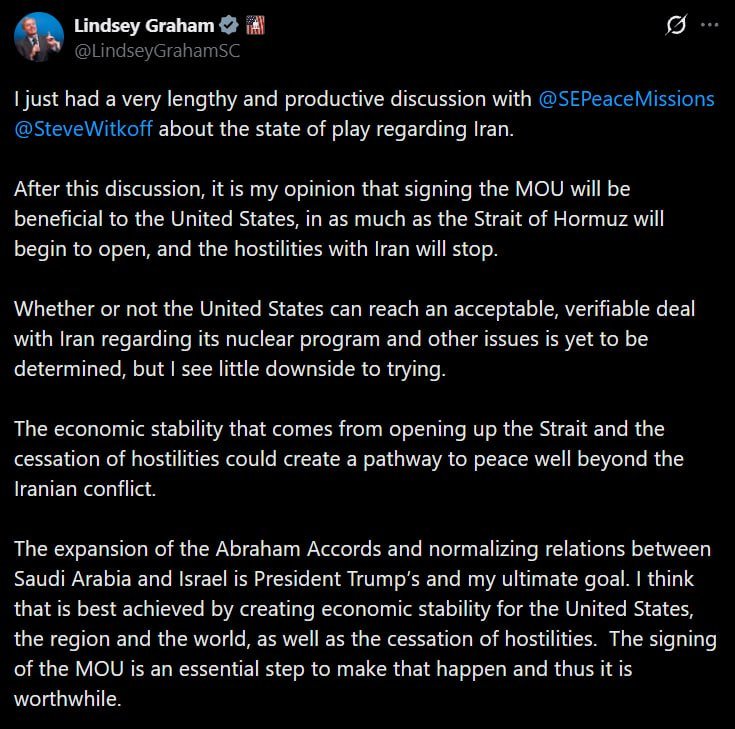 A screenshot of a tweet from Lindsey Graham (@LindseyGrahamSC) discussing a conversation with @SEPeaceMissions and @SteveWitkoff about Iran policy.