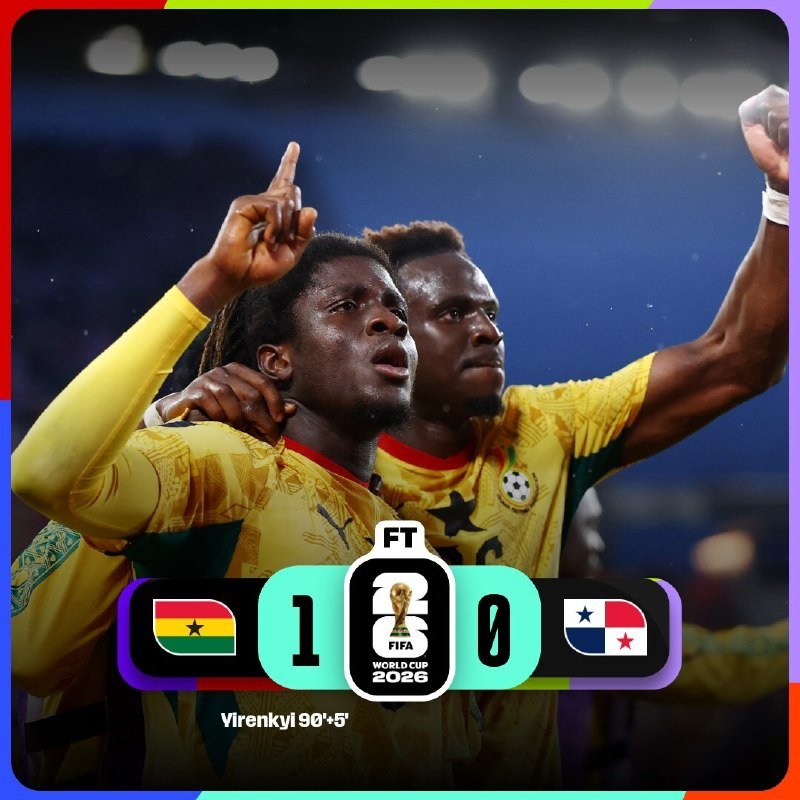 Two soccer players in yellow jerseys celebrate, one pointing skyward, with a graphic showing Ghana 1, Panama 0, and "FIFA World Cup 2026."