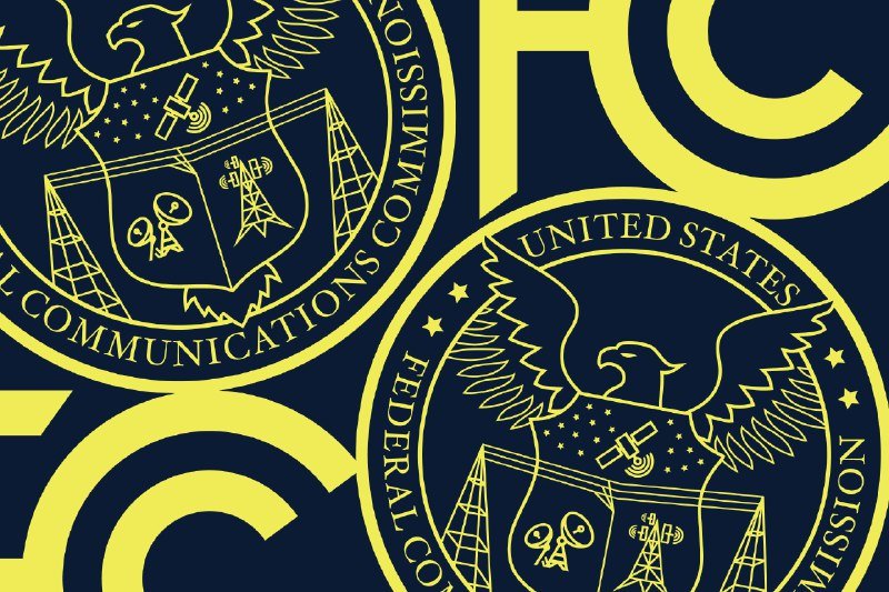 Graphic illustration displaying two overlapping gold and navy circular seals of the Federal Communications Commission, featuring an eagle and communications tower motifs.