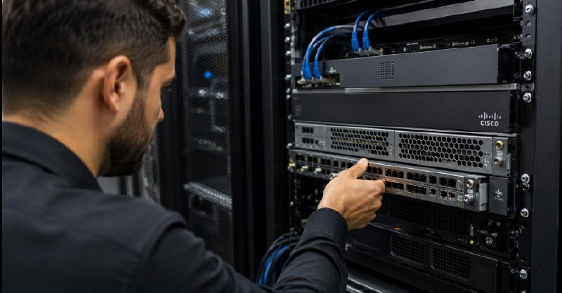 A bearded man in a black shirt points at a Cisco-branded networking switch inside a server rack filled with stacked hardware and blue cables.