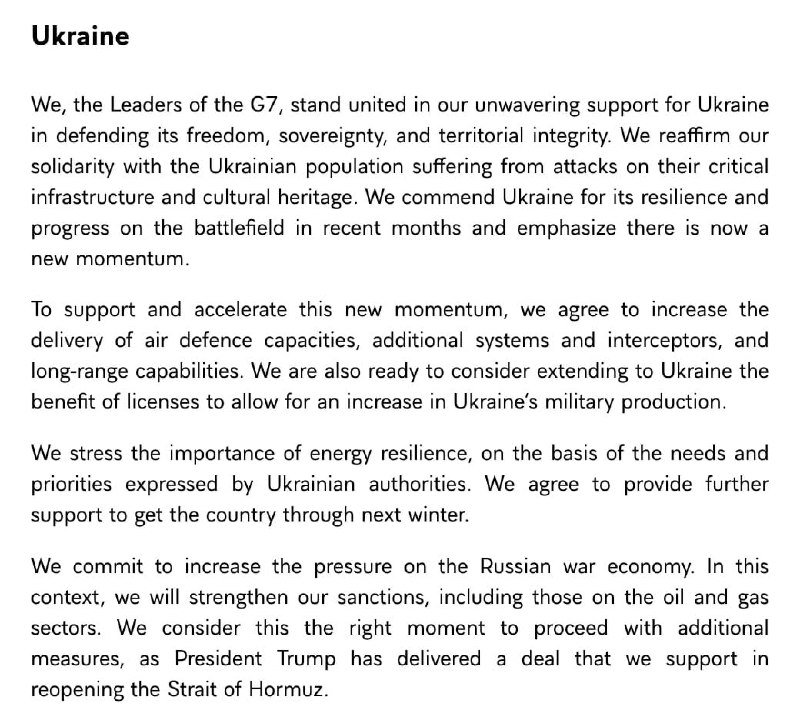 A text document headed "Ukraine" containing a four-paragraph statement of G7 leaders pledging support for Ukraine's defense, air defense delivery, energy resilience, and sanctions on Russia.
