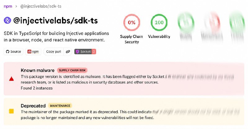 Screenshot of a software package page showing "@injectivelabs/sdk-ts" with a 0% supply chain security score, a known malware warning, and a deprecated maintenance notice.