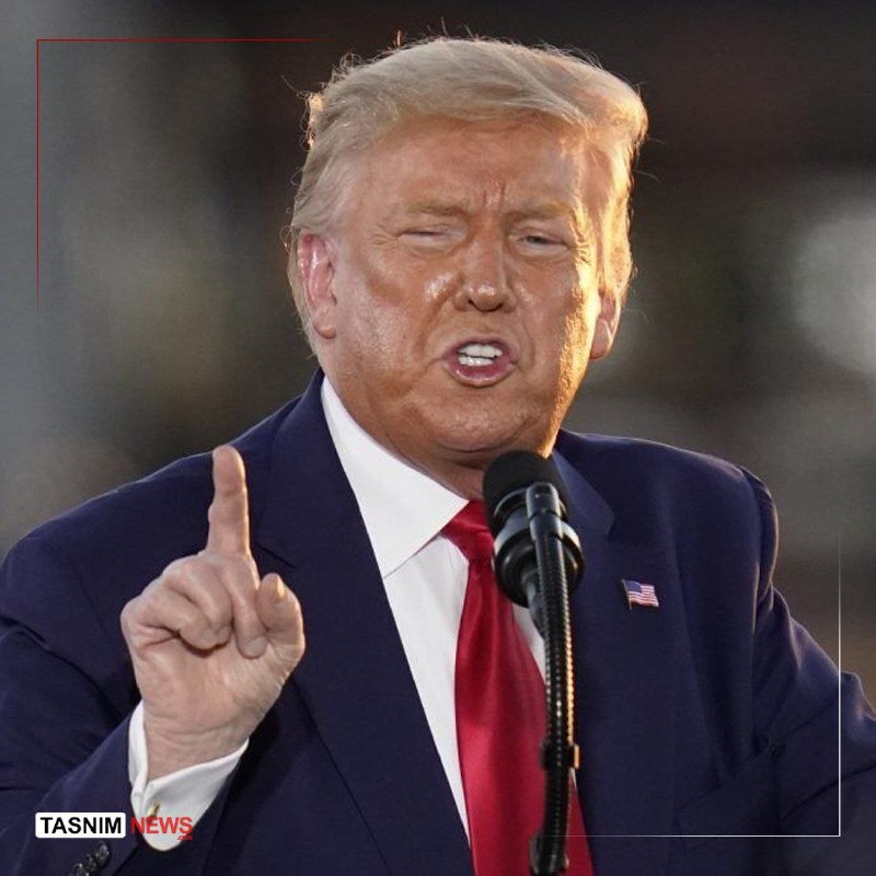 A graphic features a photo of Donald Trump gesturing while seated, accompanied by Arabic text on a blue background.