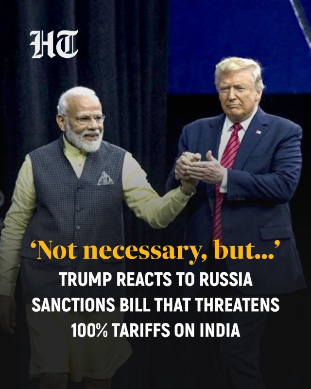 A graphic with "HT" logo shows two men shaking hands, one in a yellow shirt and grey vest, the other in a blue suit and red tie, with overlaid text about a Russia sanctions bill and tariffs.