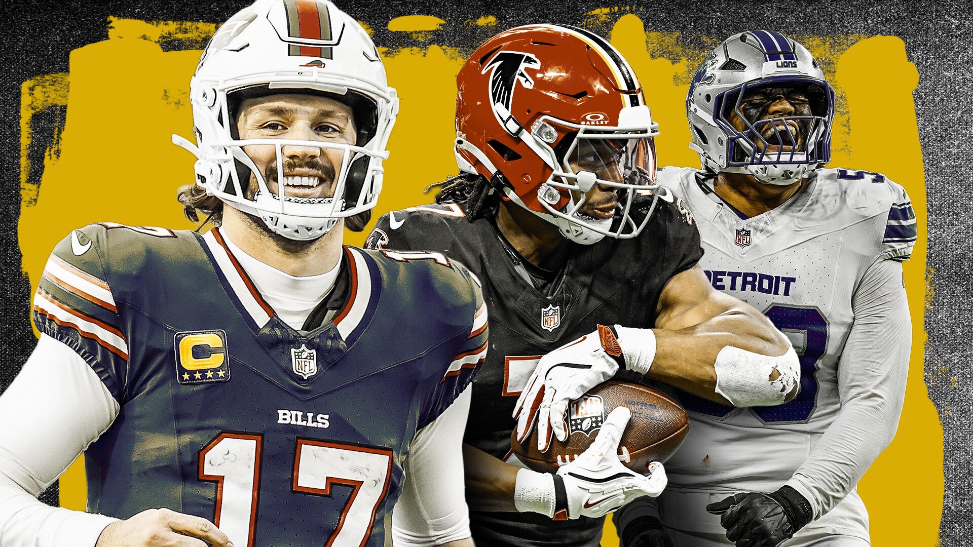 Three NFL players in uniform pose against a yellow and black background, one holding a football.