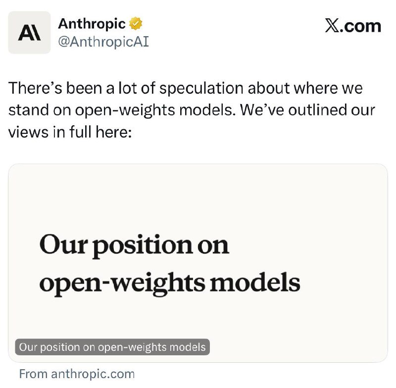 A social media post from the AnthropicAI account addresses speculation about their position on open-weights models, linking to an anthropic.com article titled "Our position on open-weights models."
