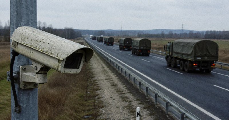 A weather-stained surveillance camera on a pole overlooks a highway where a convoy of military-style covered trucks travels along a divided road.
