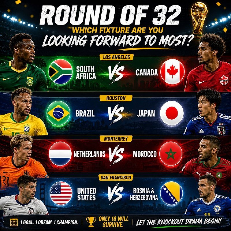 A World Cup Round of 32 promotional graphic displays four matchups—South Africa vs. Canada, Brazil vs. Japan, Netherlands vs. Morocco, and USA vs. Bosnia & Herzegovina—each labeled with a host city and featuring player photos alongside national flags.
