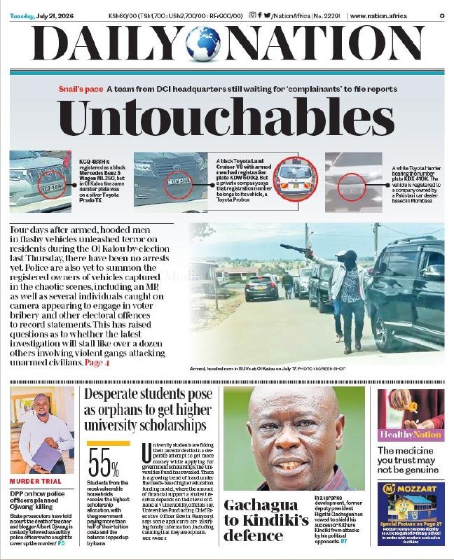 A newspaper front page from "Daily Nation" dated Tuesday, July 21, 2026, featuring headlines "Untouchables" and photos of vehicles, a road crime scene, and portraits.