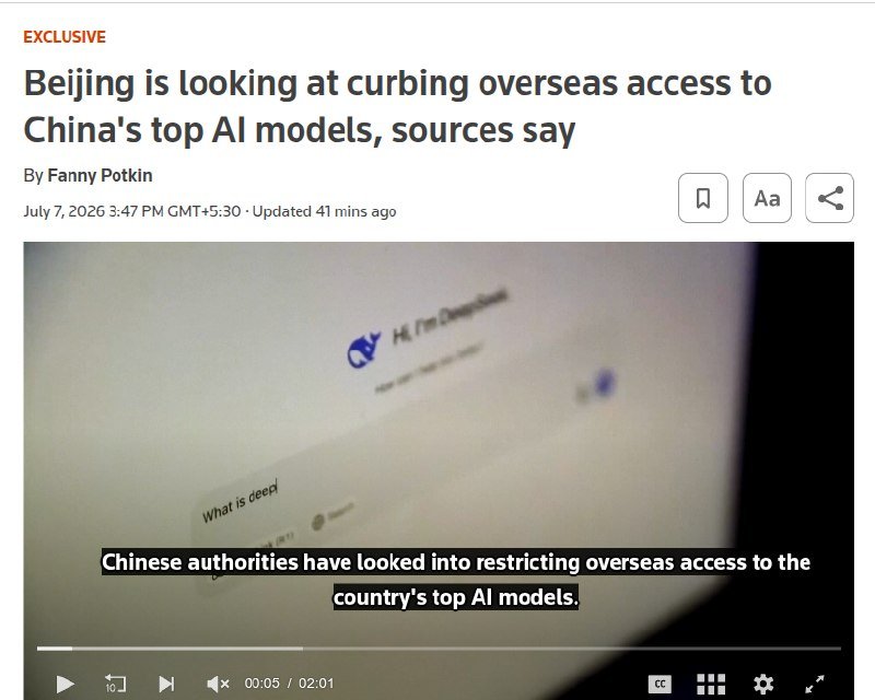 A news article screenshot displays a headline about Beijing curbing overseas access to Chinese AI models, with a video player showing a blurred webpage.