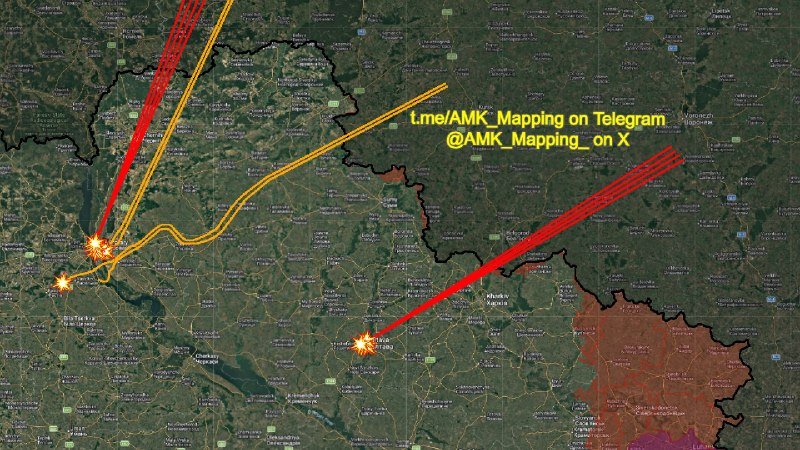 A satellite map shows red and yellow directional arrows originating from explosion markers, with overlaid text reading "Lme/AMK_Mapping on Telegram @AMK_Mapping_on X."