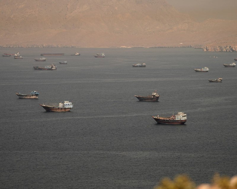 Numerous cargo boats and ships float on a hazy bay with rugged, barren mountains rising in the background.