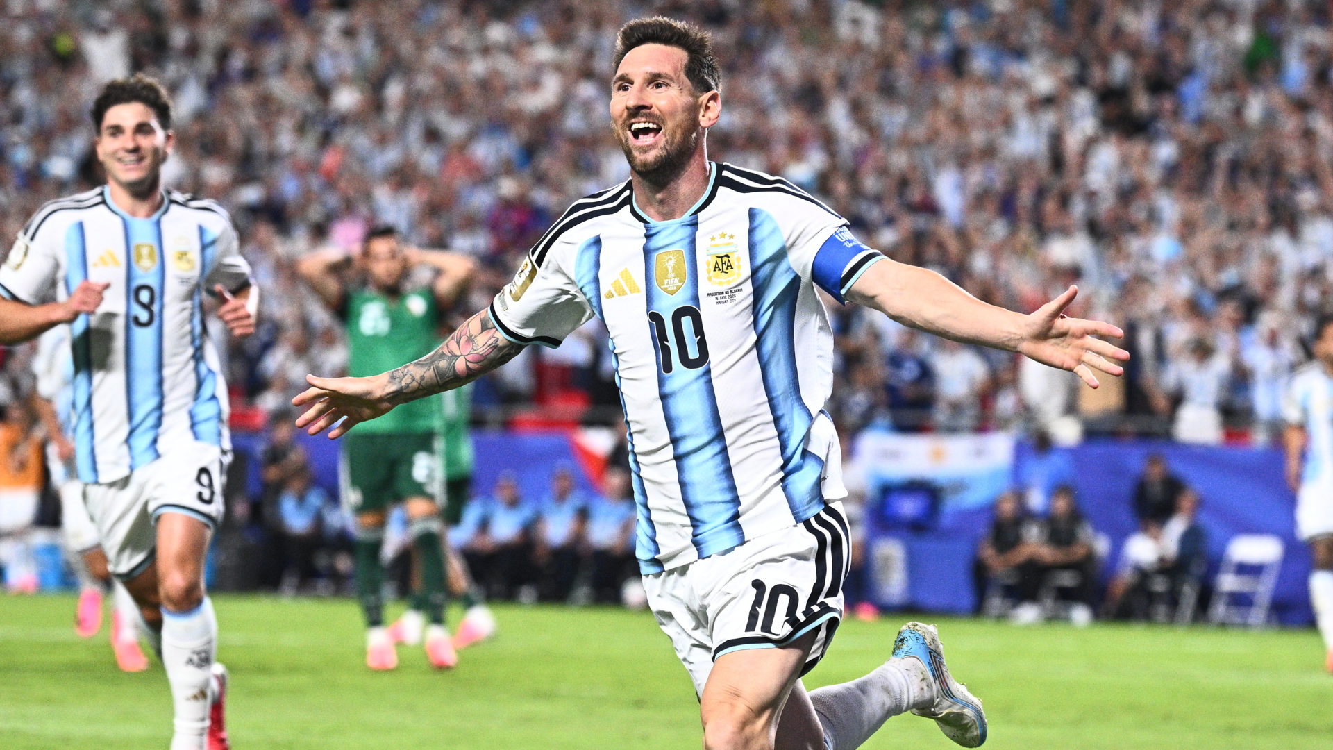 A three-panel graphic displays soccer players with trophy images, showing "Italy" labeled 1934 & 1938, "Brazil" labeled 1958 & 1962, and "Argentina" labeled 2022 & 2026 as "Winners."