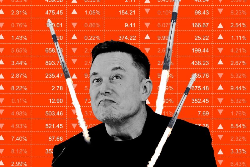 A man with short dark hair looks sideways with a skeptical expression against an orange background covered in stock market numbers, percentages, and arrows, with stock chart lines crossing behind him.