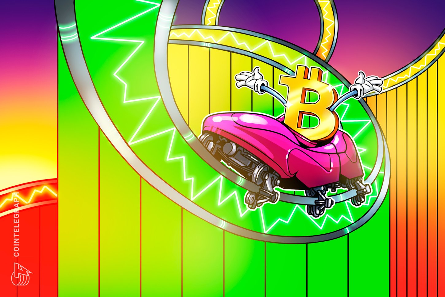 A digital illustration features an anthropomorphic golden Bitcoin symbol riding a pink roller coaster car down a loop against a vibrant rainbow gradient background.
