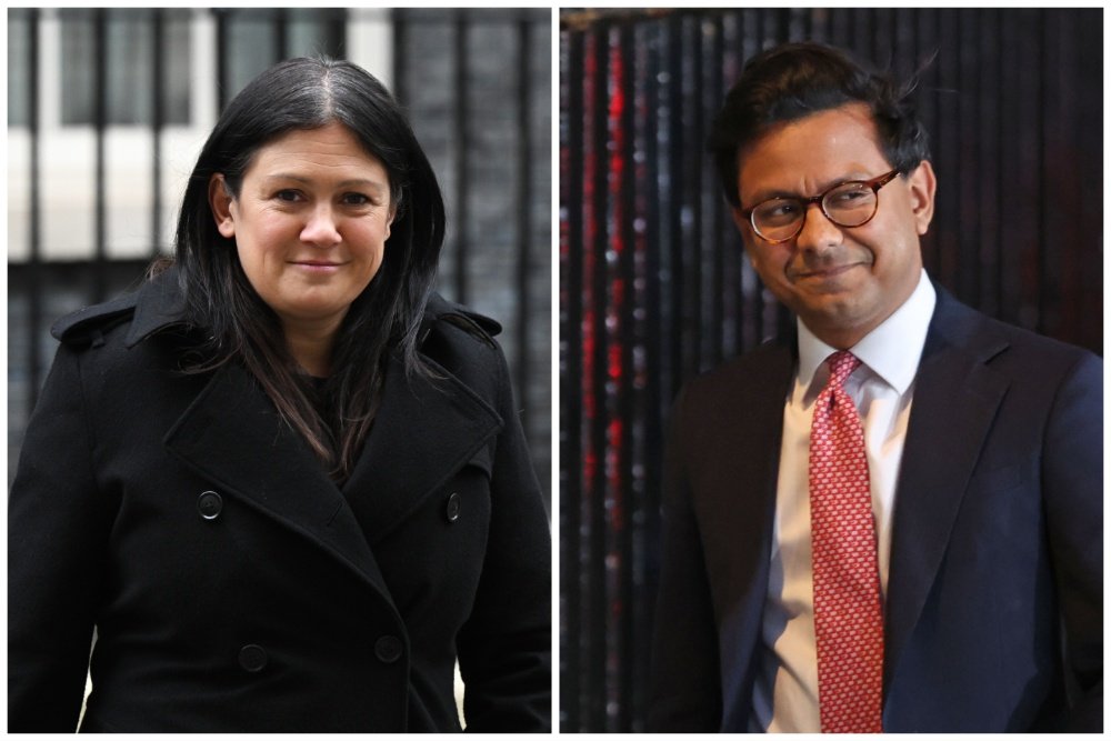 Side-by-side photographs show a woman in a black coat on the left and a man wearing glasses, a dark suit, and a red tie on the right.