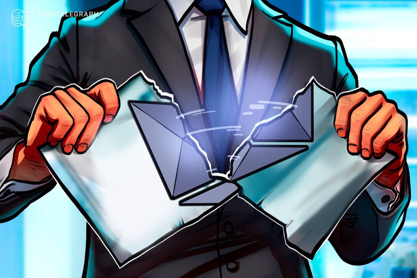 Digital illustration shows a suited figure's hands tearing open an envelope to reveal an Ethereum-shaped logo emerging in a flash of light, with "Cointelegraph" branding visible.