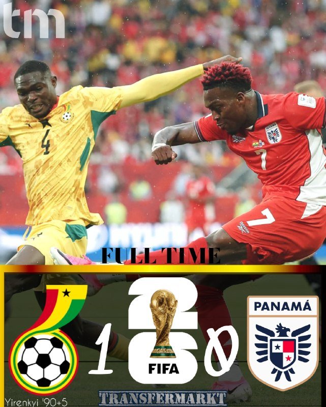 Caleb Yirenkyi's fifth-minute stoppage-time goal gave Ghana a 1-0 win over Panama in Toronto and pulled the Black Stars level with England at the Group L summit.
