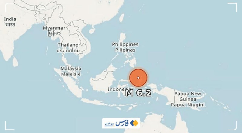 A map graphic shows an orange circle marker labeled "M 6.2" in the sea between Indonesia and Papua New Guinea, with neighboring country names visible.