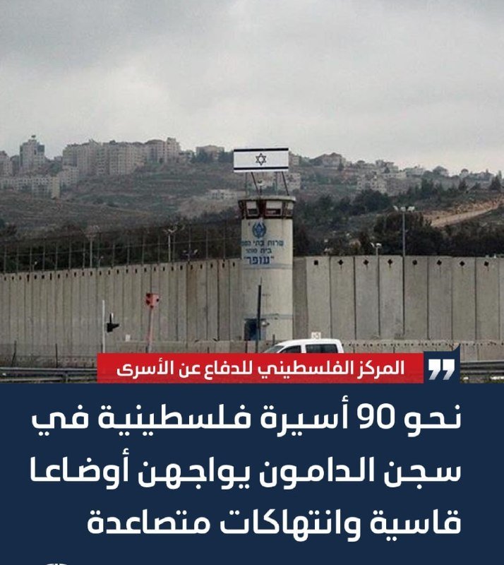 A concrete separation wall topped with an Israeli flag stands before a hillside city, with Arabic text overlaid reading "Around 90 Palestinian female prisoners in Damon jail face harsh conditions and ongoing violations."