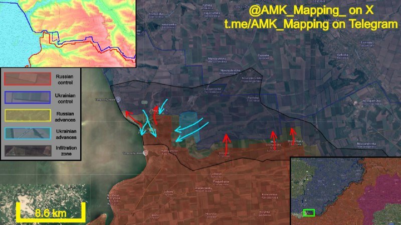 A mapping graphic displays a satellite map with red, blue, yellow, and cyan arrows and shaded zones indicating Russian control, Ukrainian control, Russian advances, Ukrainian advances, and an infiltration zone.