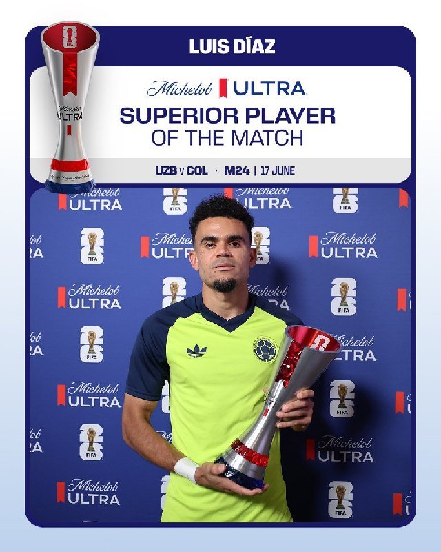 A graphic displays "Luis Díaz" as "Michelob Ultra Superior Player of the Match" (UZB v COL, M24, 17 June) above a photo of a man in a neon yellow jersey holding a silver trophy.