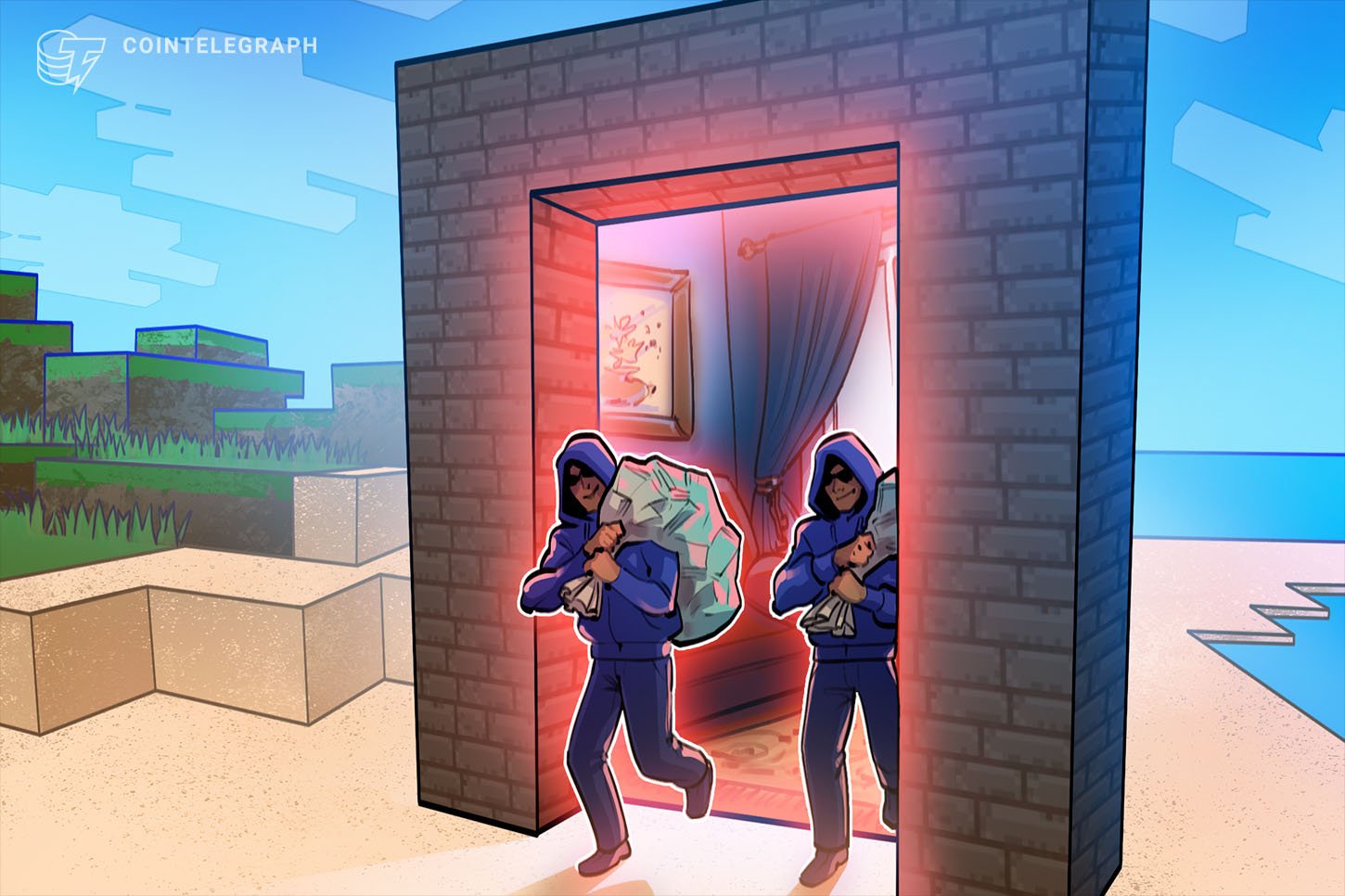 Illustration showing two hooded figures carrying bags of valuables out of a brick doorway, set in a Minecraft-style block landscape, with a "Cointelegraph" logo visible.