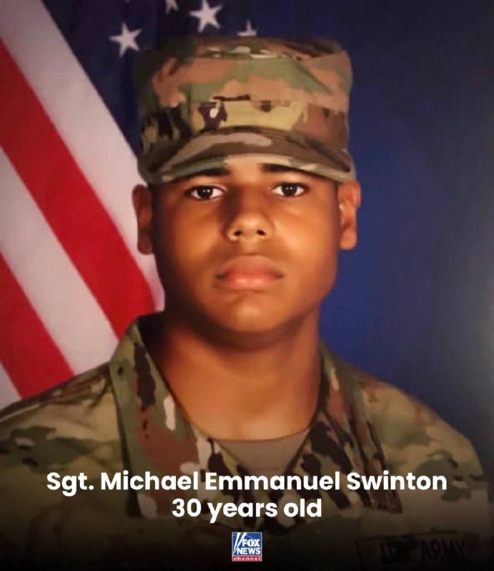 A young soldier in camouflage uniform and cap poses for a portrait in front of an American flag, with text identifying him as "Sgt. Michael Emmanuel Swinton, 30 years old" and a Fox News logo.