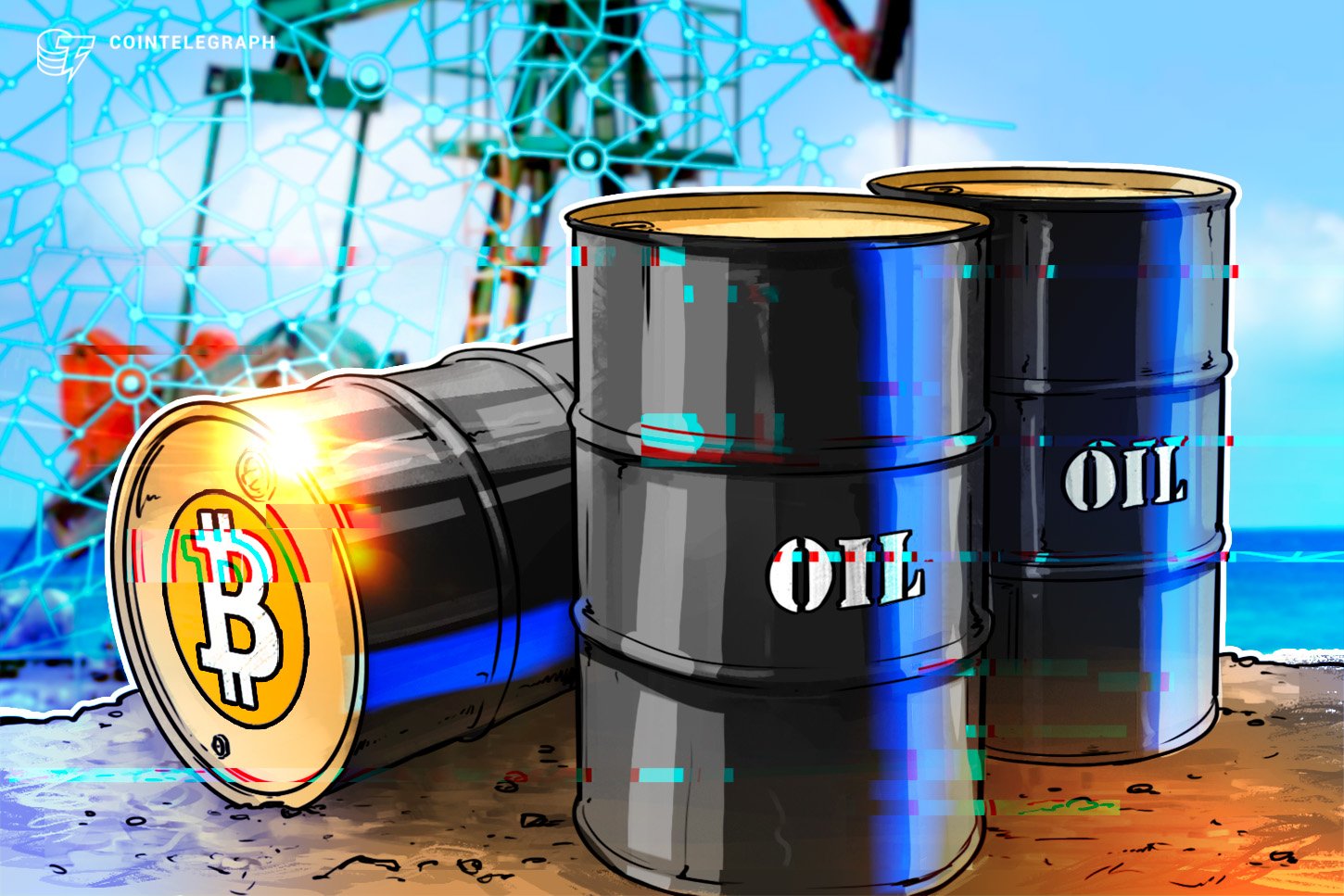 A digital illustration shows a Bitcoin-marked barrel lying beside two upright oil barrels, with an offshore oil rig and blue network graphics in the background, and a Cointelegraph logo in the corner.