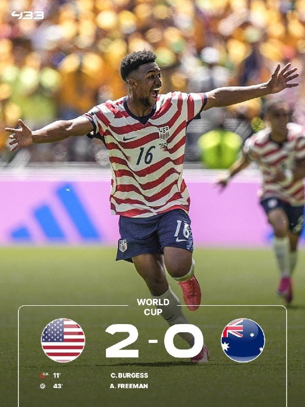 A USMNT soccer graphic shows a player in a red and white striped #16 jersey celebrating, with the final score "USA 2-0 Australia" displayed below.