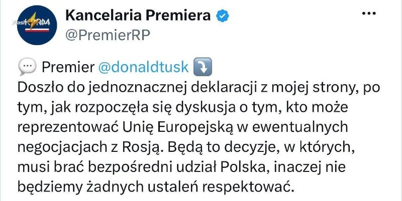 A screenshot of a Polish social media post from "Kancelaria Premiera" (@PremierRP) quoting a statement by @donaldtusk regarding Poland's role in EU negotiations with Russia.