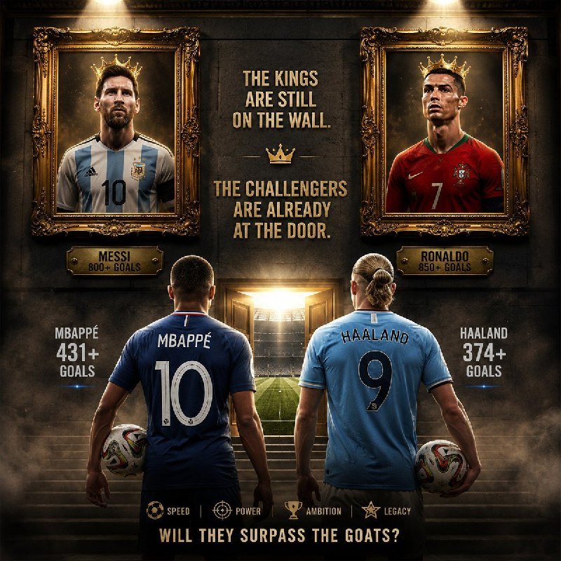 Illustrated graphic showing framed portraits labeled "Messi 800+ Goals" and "Ronaldo 850+ Goals" above two soccer players labeled "Mbappé 431+ Goals" and "Haaland 374+ Goals" facing a lit stadium entrance.
