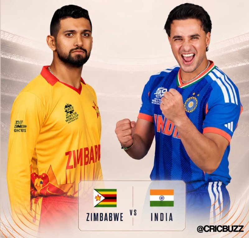 Promotional graphic showing two cricket players, one in a yellow Zimbabwe jersey and another in a blue India jersey, beside a "Zimbabwe vs India" matchup banner with national flags.