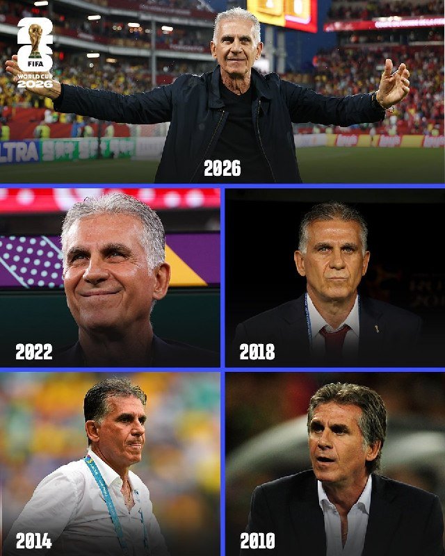 A collage shows a gray-haired man in five separate photos labeled 2010, 2014, 2018, 2022, and 2026, appearing progressively older, with the top 2026 image showing him on a stadium field beside a FIFA World Cup 2026 logo.