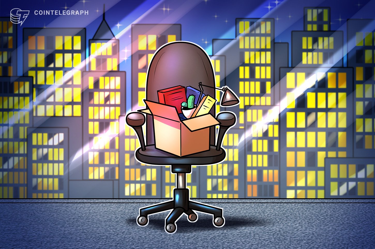 Illustration: An office chair holds an open cardboard box filled with office items, set against a lit nighttime city skyline, with the "Cointelegraph" logo in the corner.
