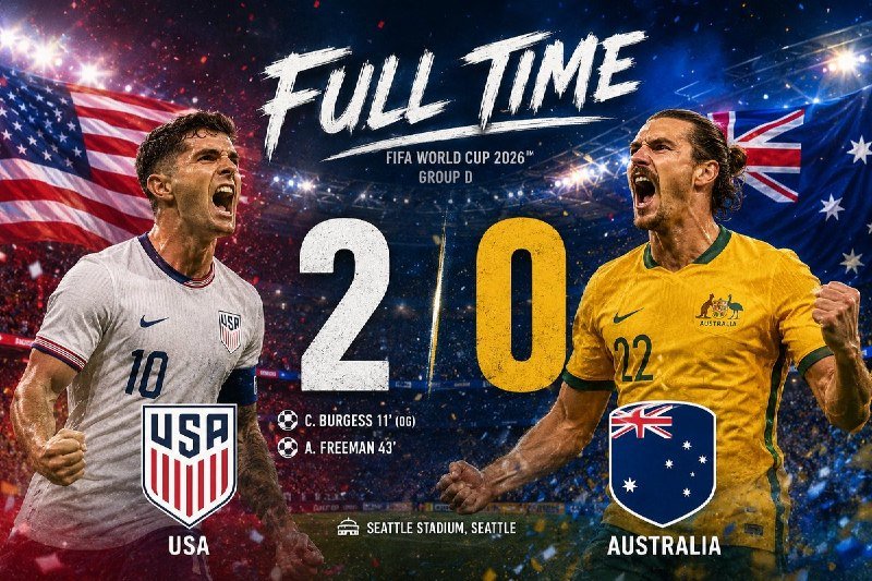 Graphic displays "FULL TIME" with a 2-0 FIFA World Cup 2026 Group D result, showing a USA player in a white jersey and an Australia player in a yellow jersey at Seattle Stadium.