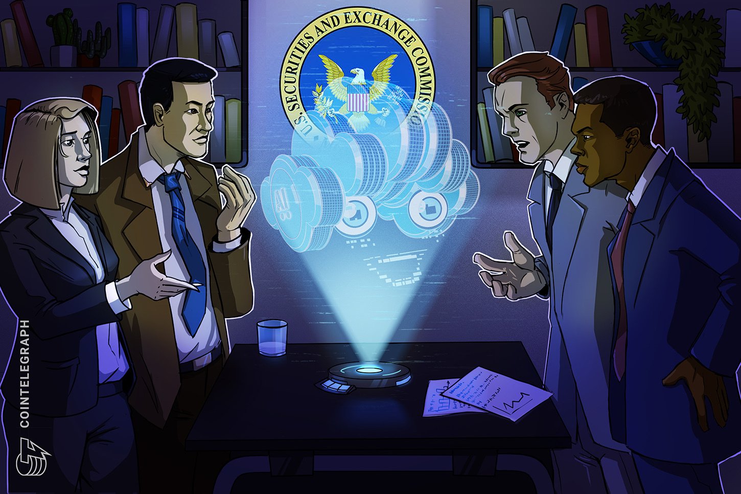 Illustration shows four suited figures gathered around a table, watching a holographic projection of stacked coins beneath a U.S. Securities and Exchange Commission seal.